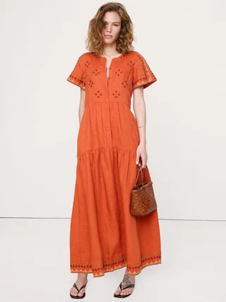 Embroidered Linen Tiered Maxi Dress | Banana Republic (US)