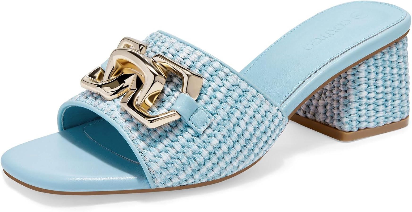 Coutgo Womens Raffia Slide Sandals Chunky Block Heeled Square Open Toe Metal Chain Slip on Mules ... | Amazon (US)