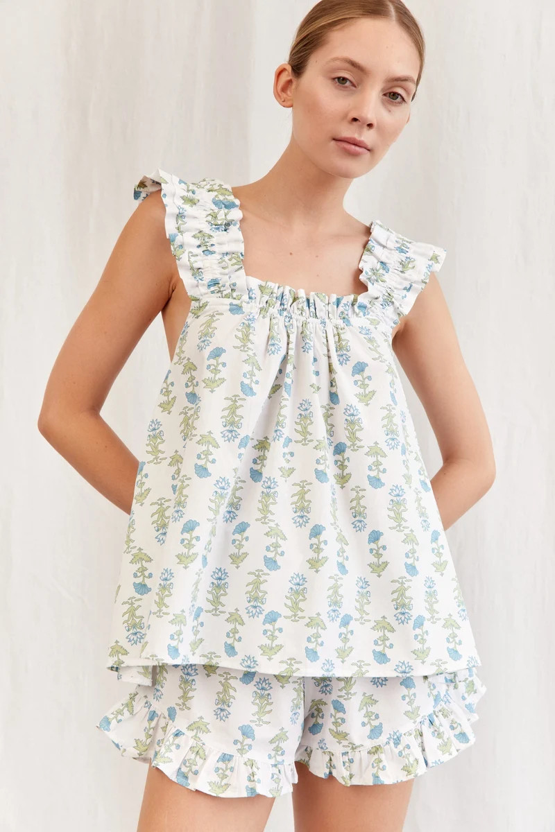 Nicolette Sleep Set - Cotton - Lotus Flower - Blue | Piyama