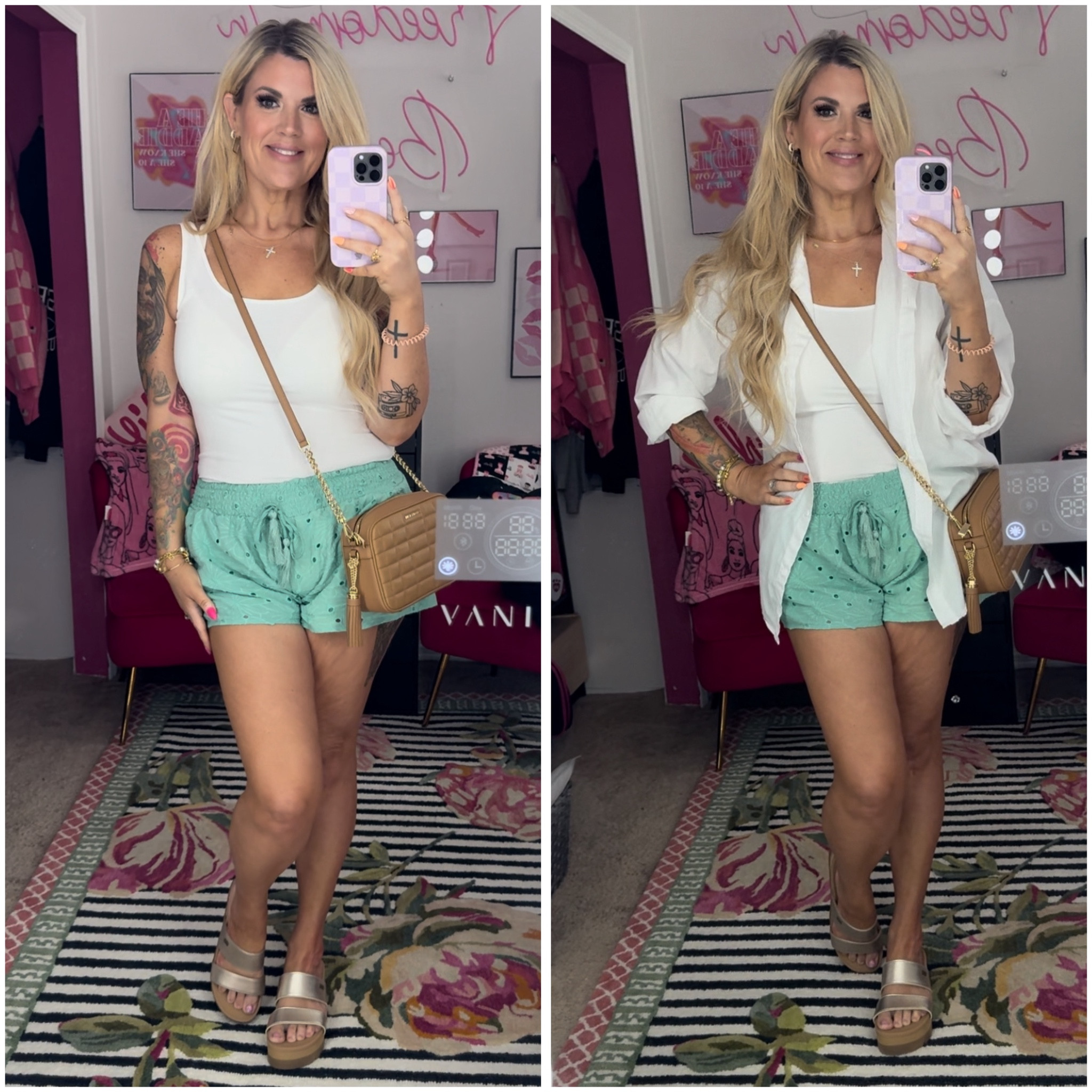 Such a cute fun summer look!! these eyelet shorts are from Roxy and the bodysuit and long sleeve shirt are from Victoria’s Secret. The gold wedges are from rack room shoes and then a Michael Kors bag! #OTD #Outfit #Summer #Casual

#LTKstyletip #LTKmidsize #LTKover40