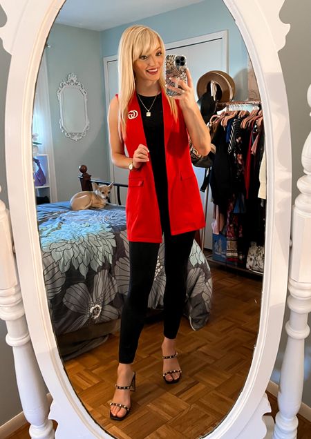 Red Sleeveless blazer vest - black leggings - gold studded heels - gold initial necklace - office style - wear to work - work outfit ideas - Amazon Fashion - Amazon Finds 

#LTKunder50 #LTKSeasonal #LTKworkwear
