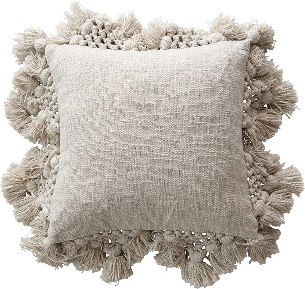 Creative Co-Op Square Crochet & Tassels Cream Cotton Slub Pillow, 1 Count (Pack of 1) | Amazon (US)