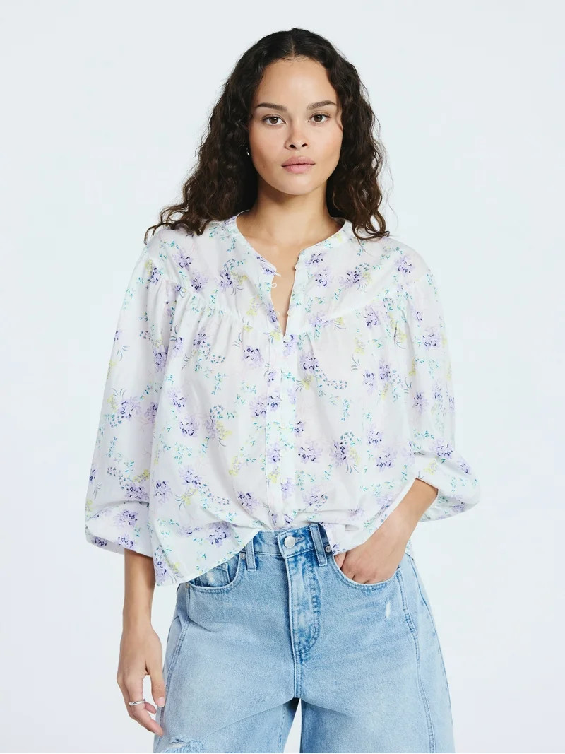Scoop Women's Flowy Cotton Blouse with Long Sleeves, Sizes XS-XXL | Walmart (US)