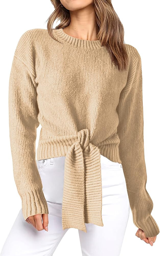 Okiwam Women's Long Sleeve Cropped Knit Sweater Tie Front Crew Neck Solid Color Ribbed Pullover 2... | Amazon (US)