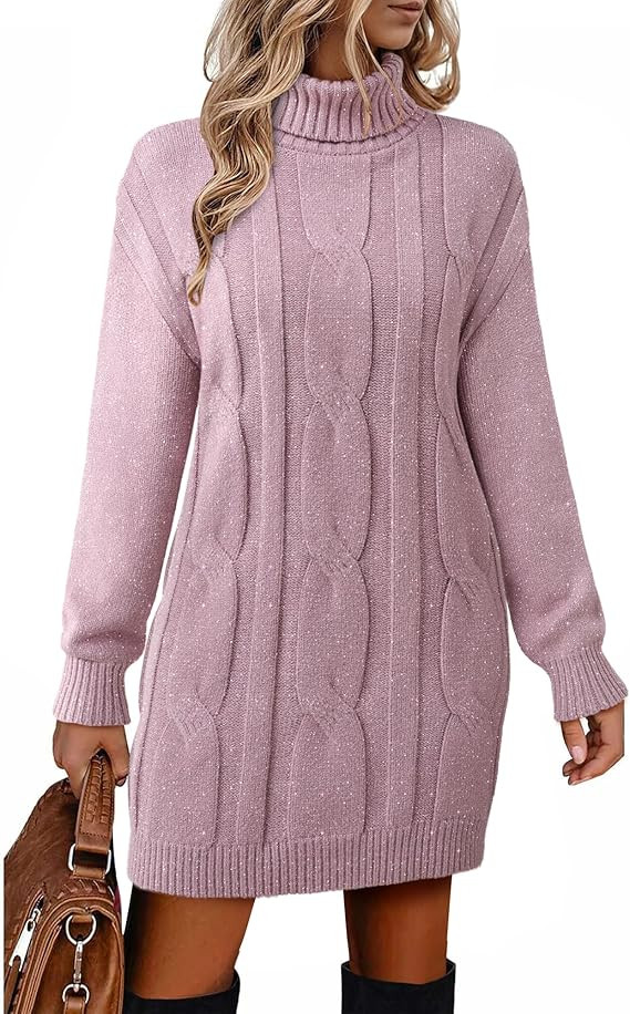 Womens Long Sleeve Turtleneck Sweater Dresses Ribbed Knit Stretchy Midi Casual Dress | Amazon (US)