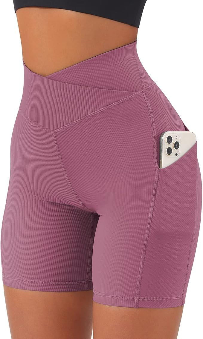 OMKAGI Women Cross Waist Workout Shorts with Pockets 4" Ribbed Seamless High Waisted Yoga Biker S... | Amazon (US)
