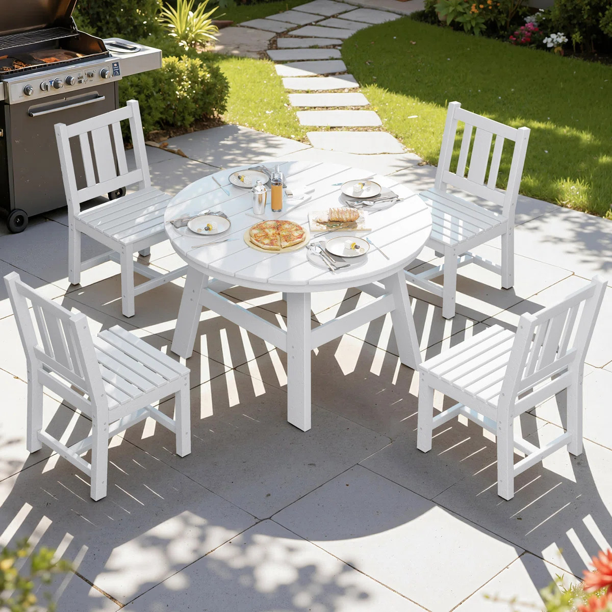 Immie 5 Piece HDPE Outdoor Dining Table Set with Umbrella Hole, White | Wayfair North America