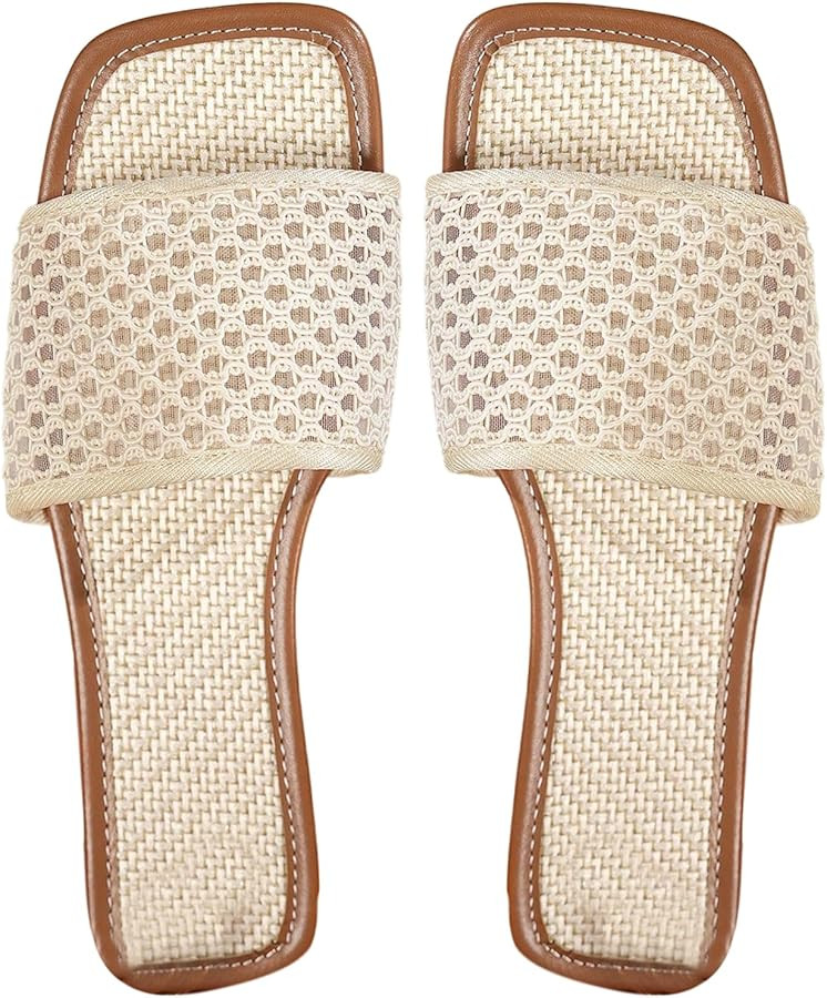 BEAUDRM Women's Boho Flat Sandals Dressy Cute Straw Slide Sandals Beach Vacation Hollow Out Open ... | Amazon (US)