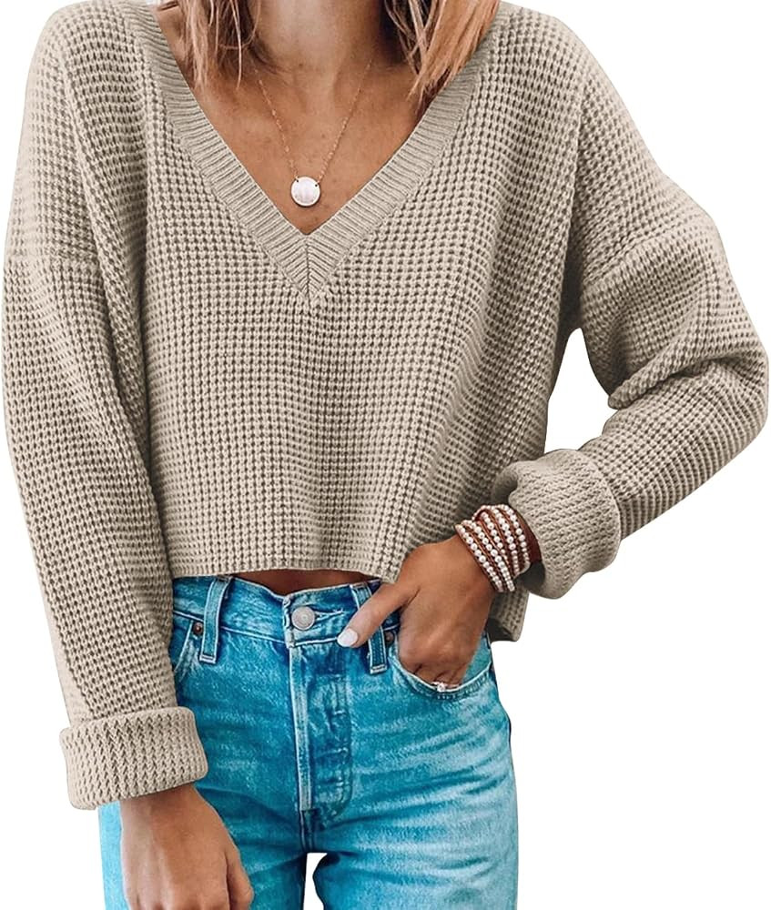 Jumppmile Womens V Neck Waffle Knit Cropped Top Long Sleeve Pullover Crop Sweater | Amazon (US)