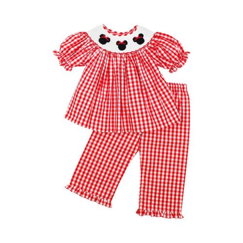 Red Check Smocked Mouse Ears Pant Set | Cecil and Lou
