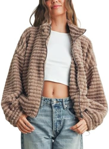 Womens Striped Fleece Jacket Winter Collared Puffer Coat Zip Up Warm Fuzzy Shacket With Pocket | Amazon (US)