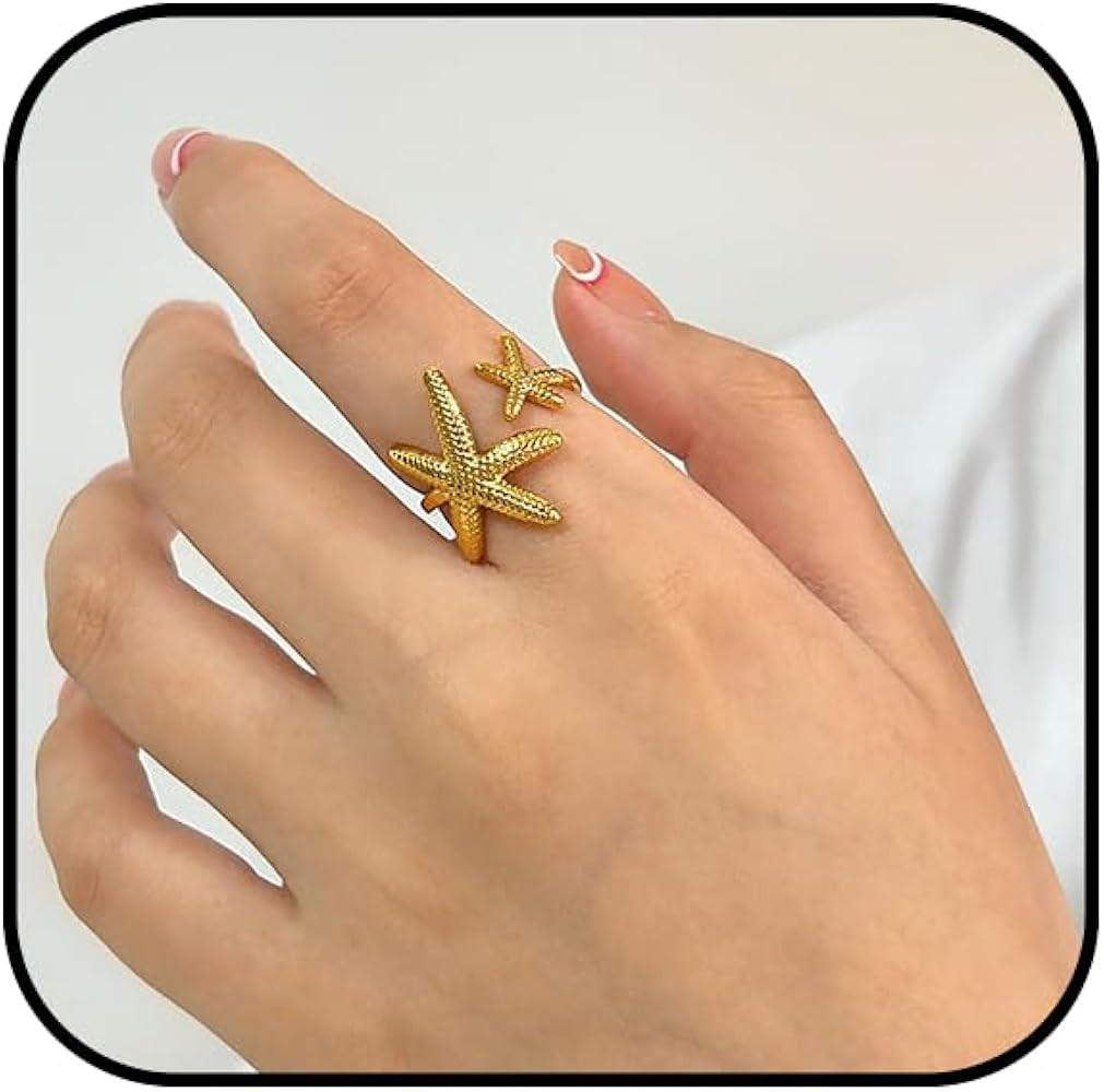 Gold Starfish Ring for Women Opening Seashell Ring Adjustable Irregular Finger Ring Ocean Series ... | Amazon (US)