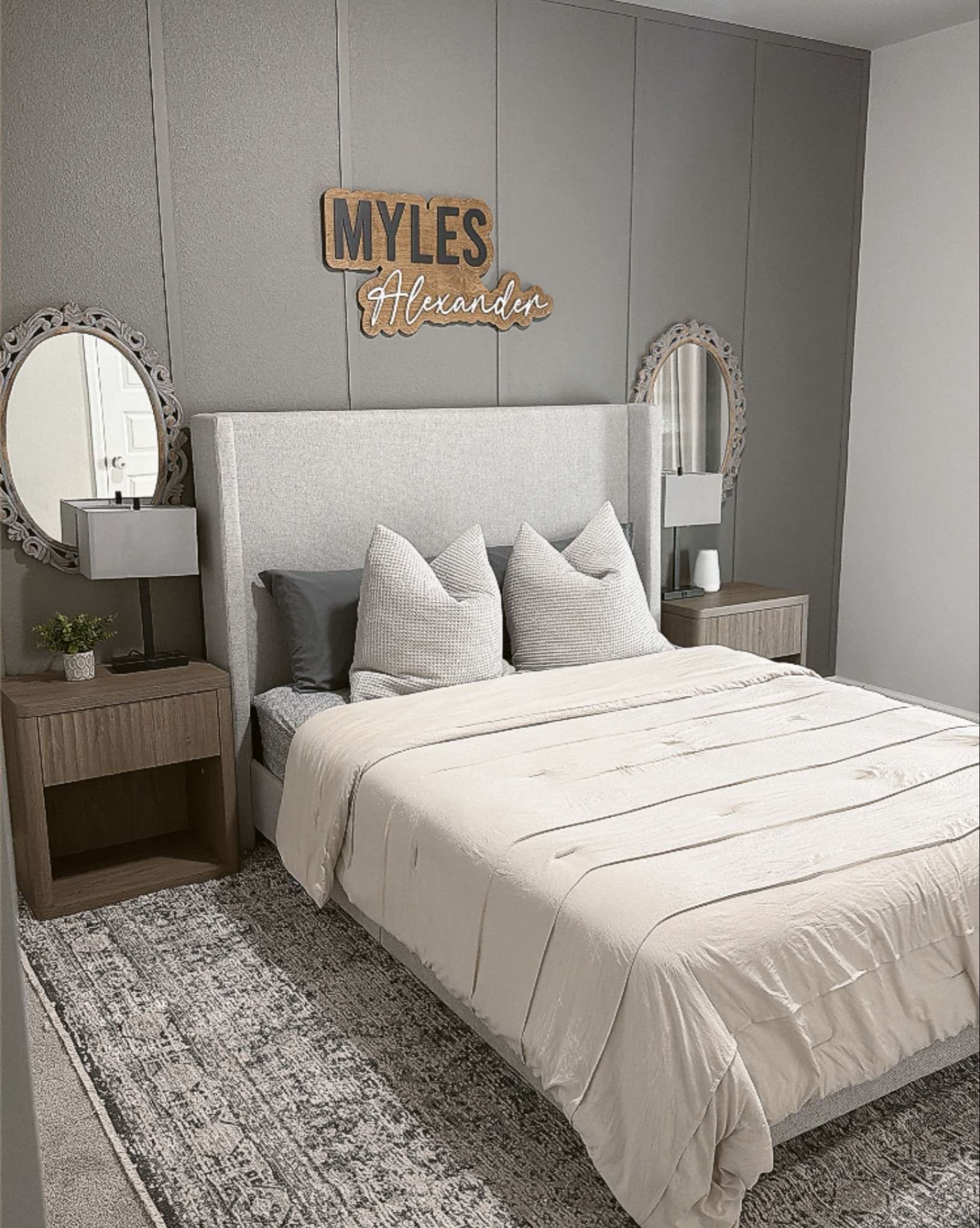 Neutral bedroom decor! Bed frame is in color grey but comes in other colors!
Wall Paint is Behr Wet Cement 