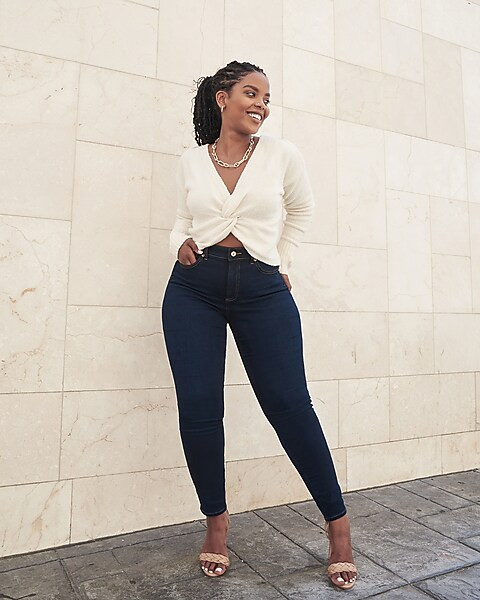High Waisted Dark Wash Supersoft Skinny Jeans | Express