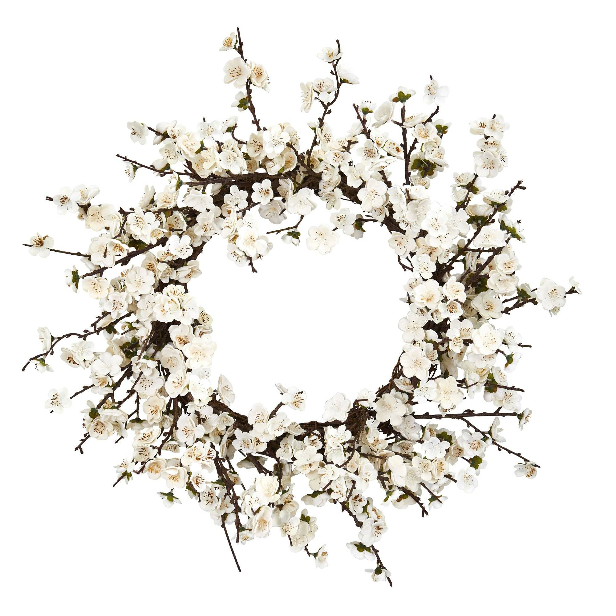 24\u201d Artificial White Plum Blossom Wreath | Nearly Natural | Nearly Natural