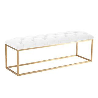 Hi-Line Gift Ltd White Velvet Button-Tufted Bench with Gold Base(5.90 X 16.53 X 52.36) 96157-WT | The Home Depot