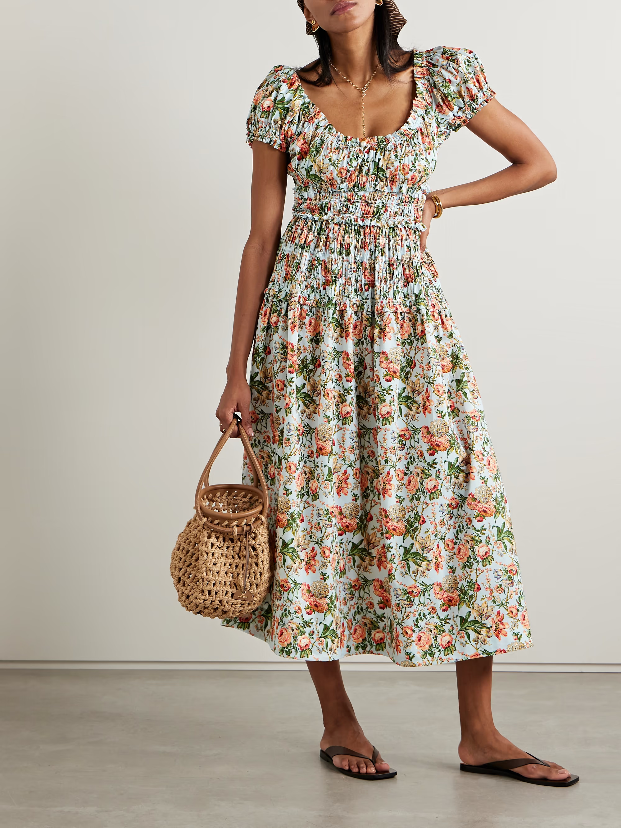 Leanne shirred floral-print cotton-voile midi dress | NET-A-PORTER APAC