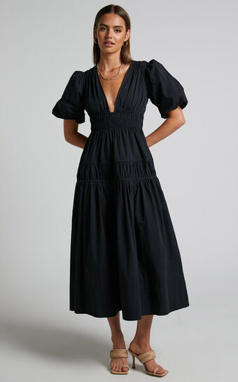 Mellie Midi Dress - Puff Sleeve Plunge Tiered Dress in Black | Showpo (ANZ)