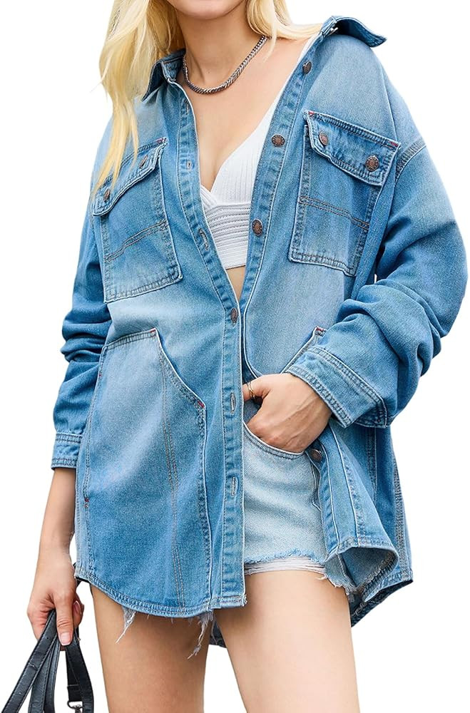 PLNOTME Womens Denim Shackets Oversized Casual Trendy Long Sleeve Button Down Jean Jackets with P... | Amazon (US)