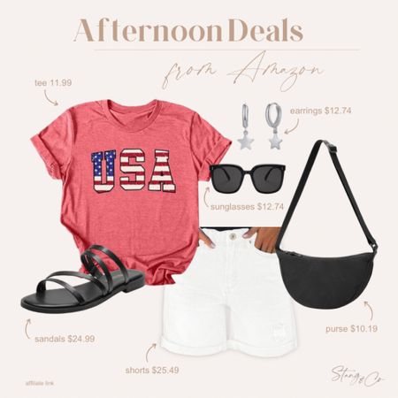 This patriotic outfit is perfect for 4th of July and everything is on sale! Pair a red USA shirt with white denim shorts, a black puffer bag, sunglasses, star earrings, and black strappy sandals.

Ootd, vacation outfit, 4th of July outfit, summer outfit, tall friendly fashion, deal of the day, amazon outfit

#LTKFindsUnder50 #LTKSaleAlert #LTKStyleTip