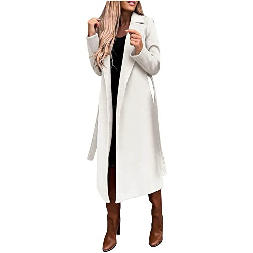 WHHFOOH Winter Coats For Women Womens Wool Blend Trench Coats Long Overcoat Elegant Lapel Collared Belted Warm Thicken Pea Coats Plain Wrap Jackets Outerwear White 2X | Amazon (US)