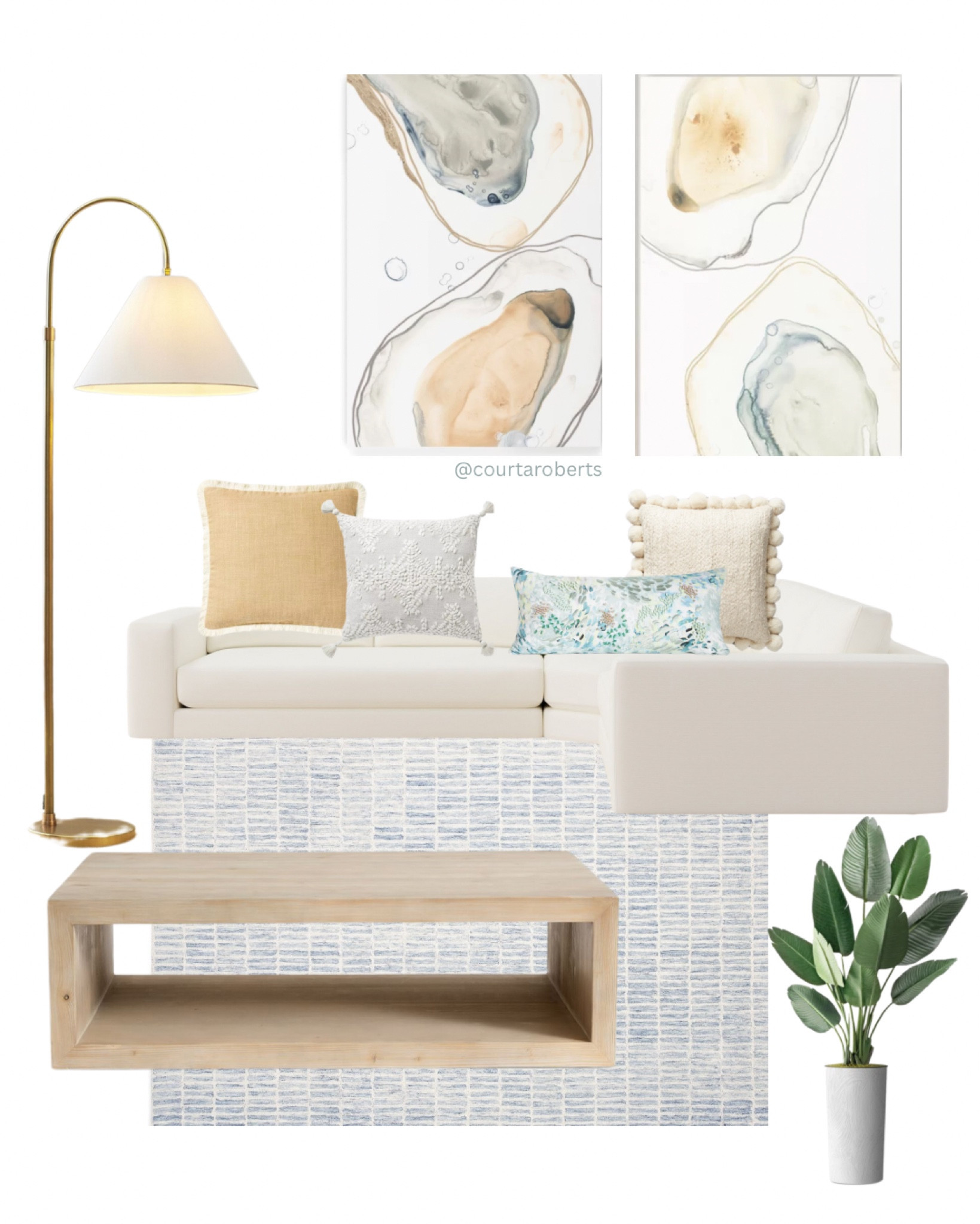 Luxury Coastal Living Room Blue Peach Coral Green Light Wood Coffee Table Linen Sectional Couch Oyster Painting Beach Home Gold Brass Faux Palm Plant Blue White Rug Pattern Light Airy Simple Throw Pillows Floor Lamp Area Rug Wall Art Painting Home Decor Homegoods Wall Decor Chic 

#LTKHome
