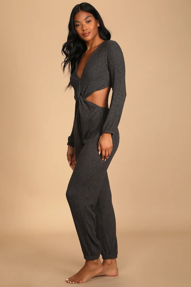 Lounge Time Charcoal Grey Ribbed Twist-Front Lounge Jumpsuit | Lulus (US)