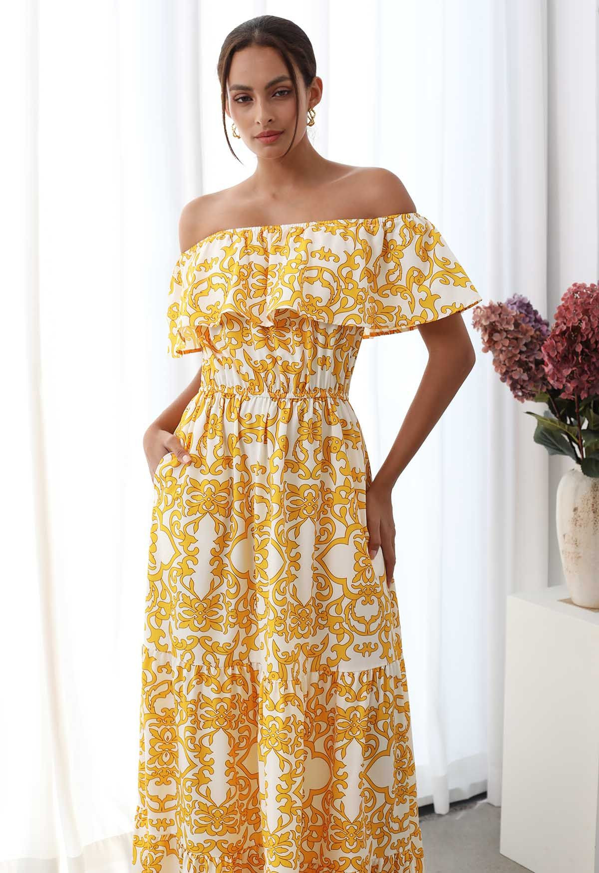 Flap Off-Shoulder Tile Printed Maxi Dress | Chicwish