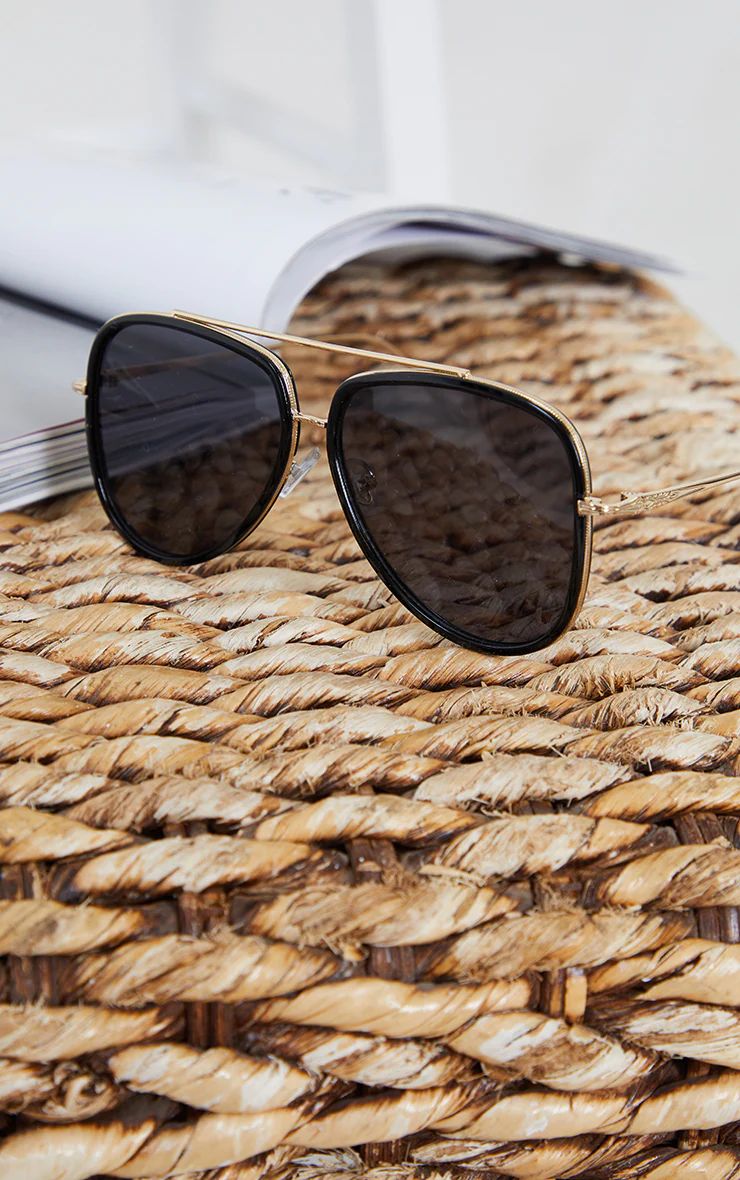 Black Oversized Gold Detail Aviator Sunglasses | PrettyLittleThing UK