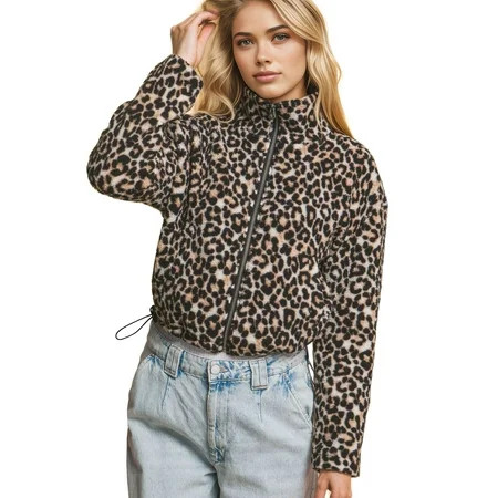 Love Tree Women s Juniors Zip Up Teddy Leopard Print Jacket (Brown Medium) | Walmart (US)