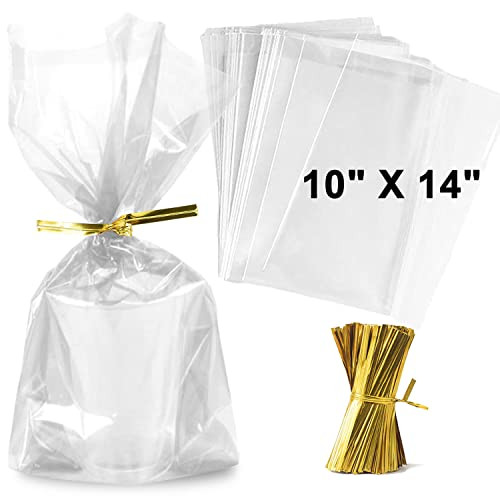 Zcintert Clear Cello 𝗖𝗲𝗹𝗹𝗼𝗽𝗵𝗮𝗻𝗲 𝗧𝗿𝗲𝗮𝘁 𝗕𝗮𝗴𝘀, 100 Pcs - 10" x 14"(2mils), Plastic Gift Bags for Candy, Party Favor, Cookies, Candies Packaging, with 4” Twist Ties | Amazon (US)