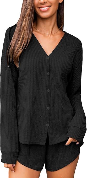 CUPSHE Ribbed Knit Long Sleeve and Short Pajama Sets 2 Piece Button Down Long Sleeve PJs for Wome... | Amazon (US)