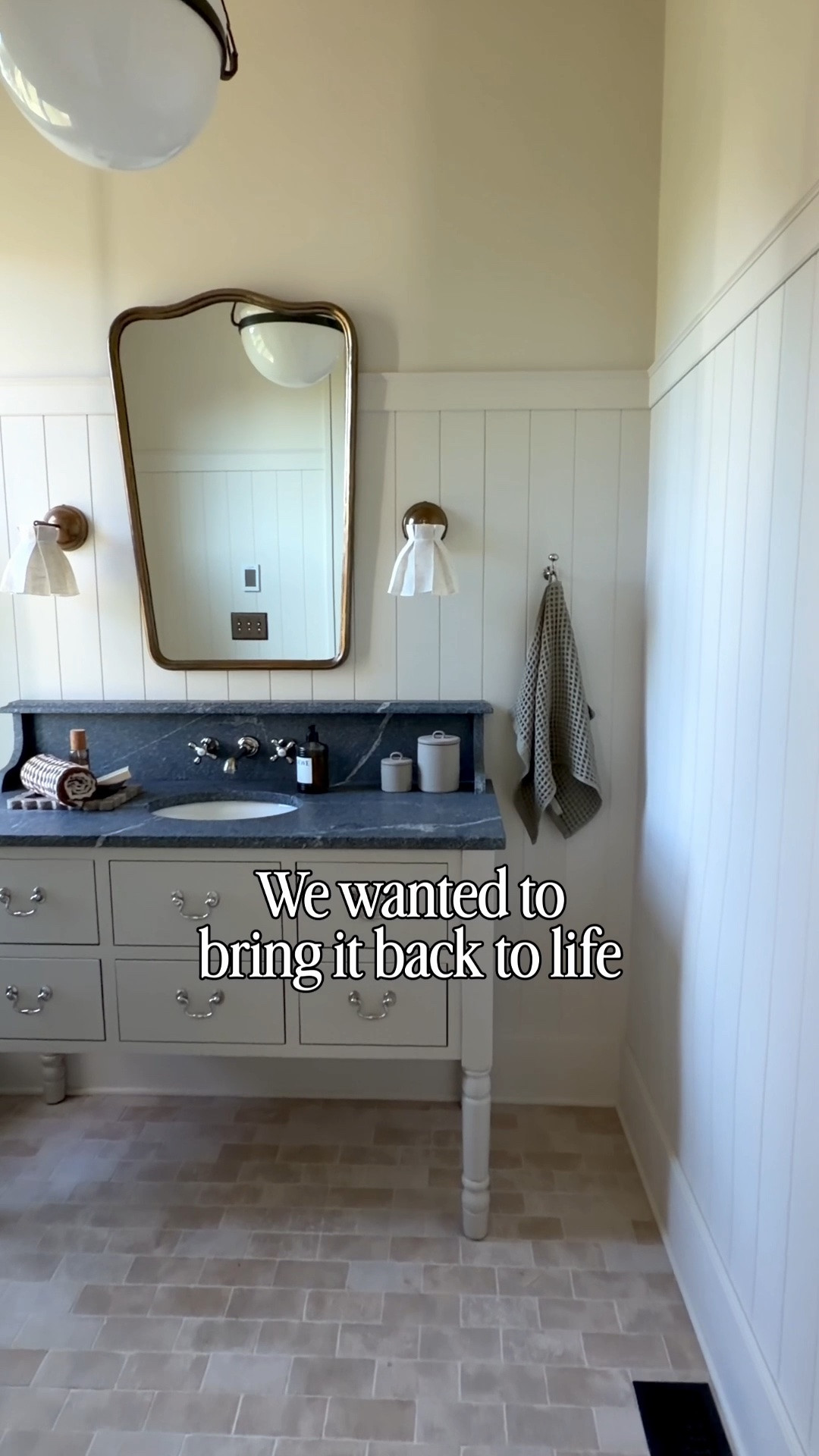 Finally, our powder bath reveal is here! I’m linking as much as I can, including my limestone flooring because I know I’ll get questions about it. I absolutely love the polished nickel details, the wall mounted faucet, and the vintage-style lighting. The lampshades on the sconces were handmade, but they make such a difference. Some of the polished nickel hardware is from Amazon, and my vintage-style push light switch is still one of my favorite details.