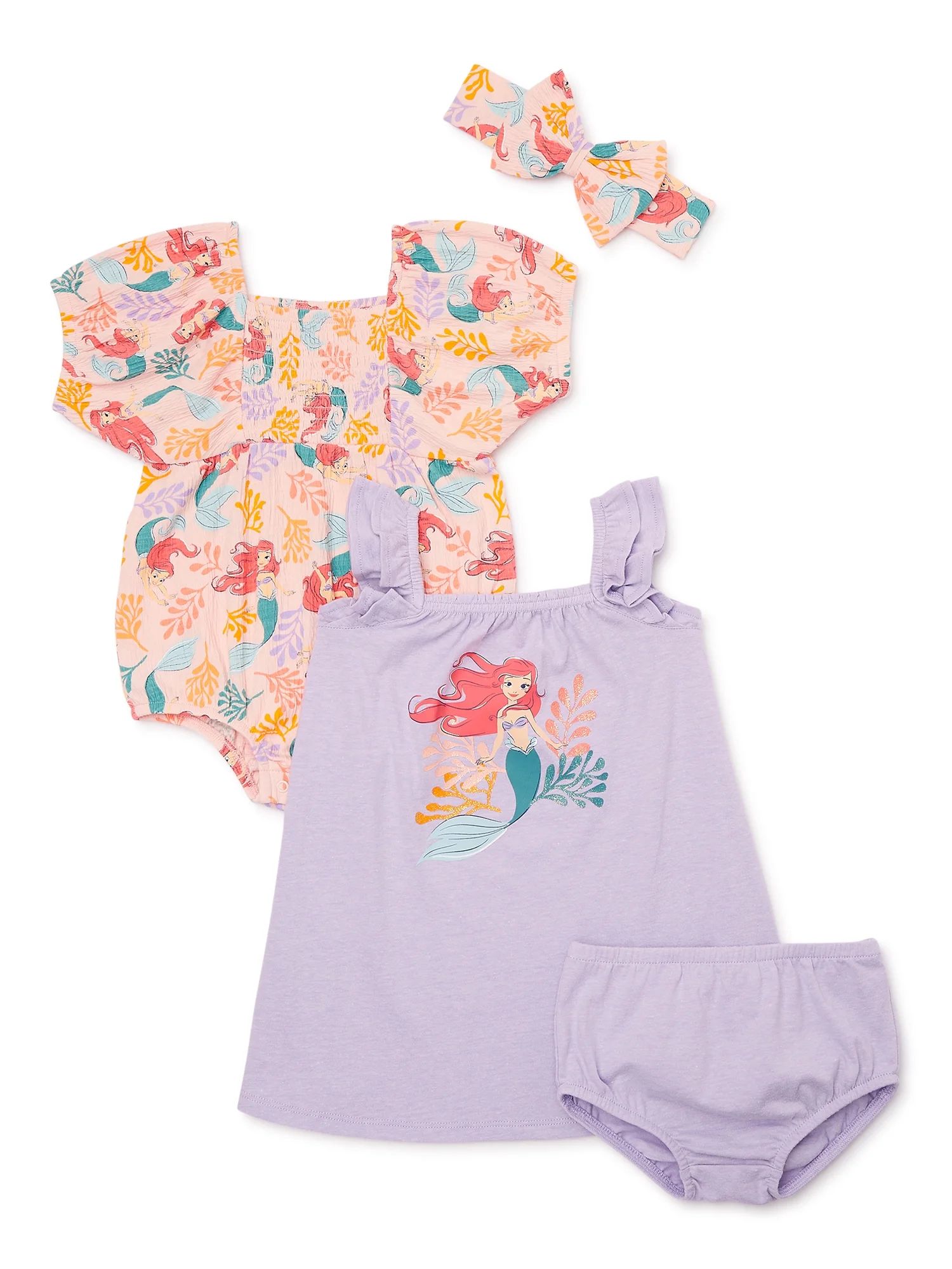 The Little Mermaid Baby Girl Sundress, Romper and Diaper Cover Outfit Set with Headband, Sizes 0/... | Walmart (US)