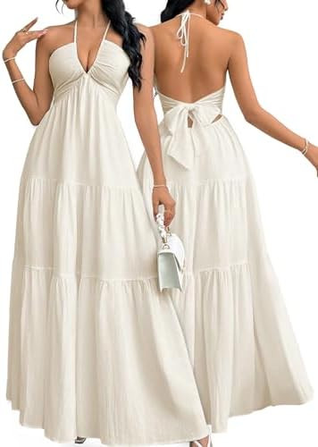 Narecte Women's Maxi Summer Dresses Halter V Neck Beach Dresses for Women A-Line Casual Dress for... | Amazon (US)