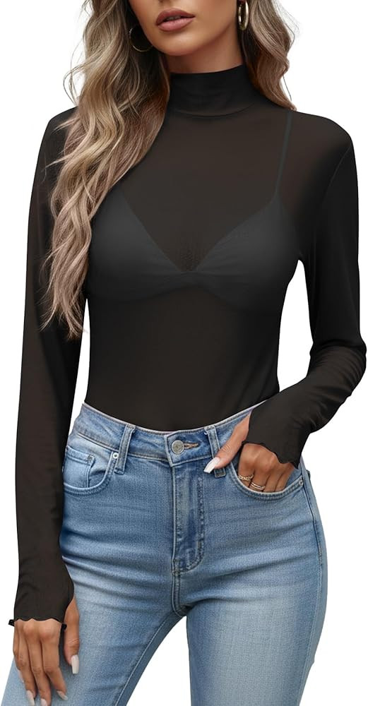 KUOTAI Women's Sheer Mesh Mock Neck Top Long Sleeve Fitted See Through Layering Shirt Going Out T... | Amazon (US)