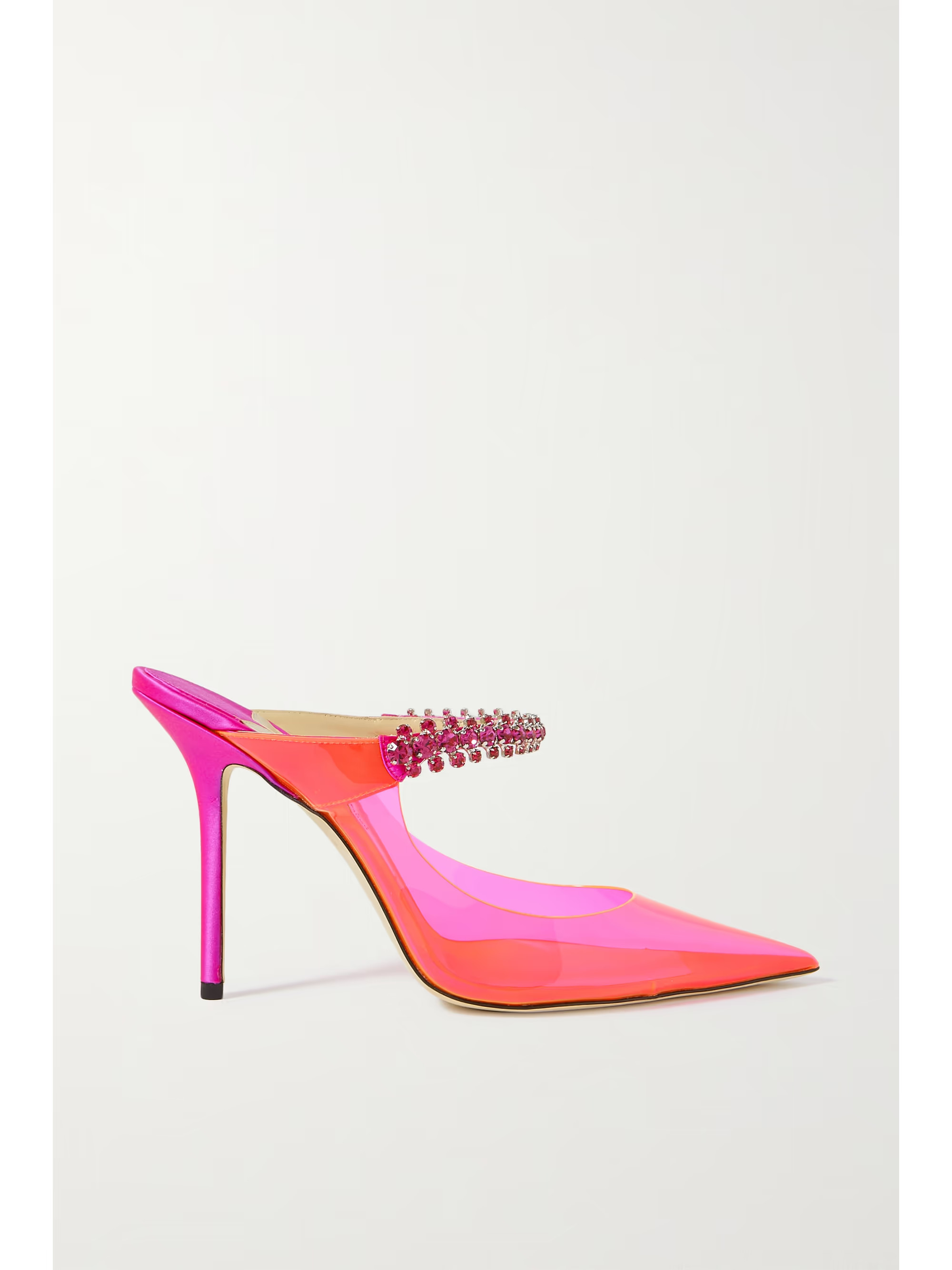 Fuchsia Bing 100 neon PVC and crystal-embellished satin mules | JIMMY CHOO | NET-A-PORTER | NET-A-PORTER (US)