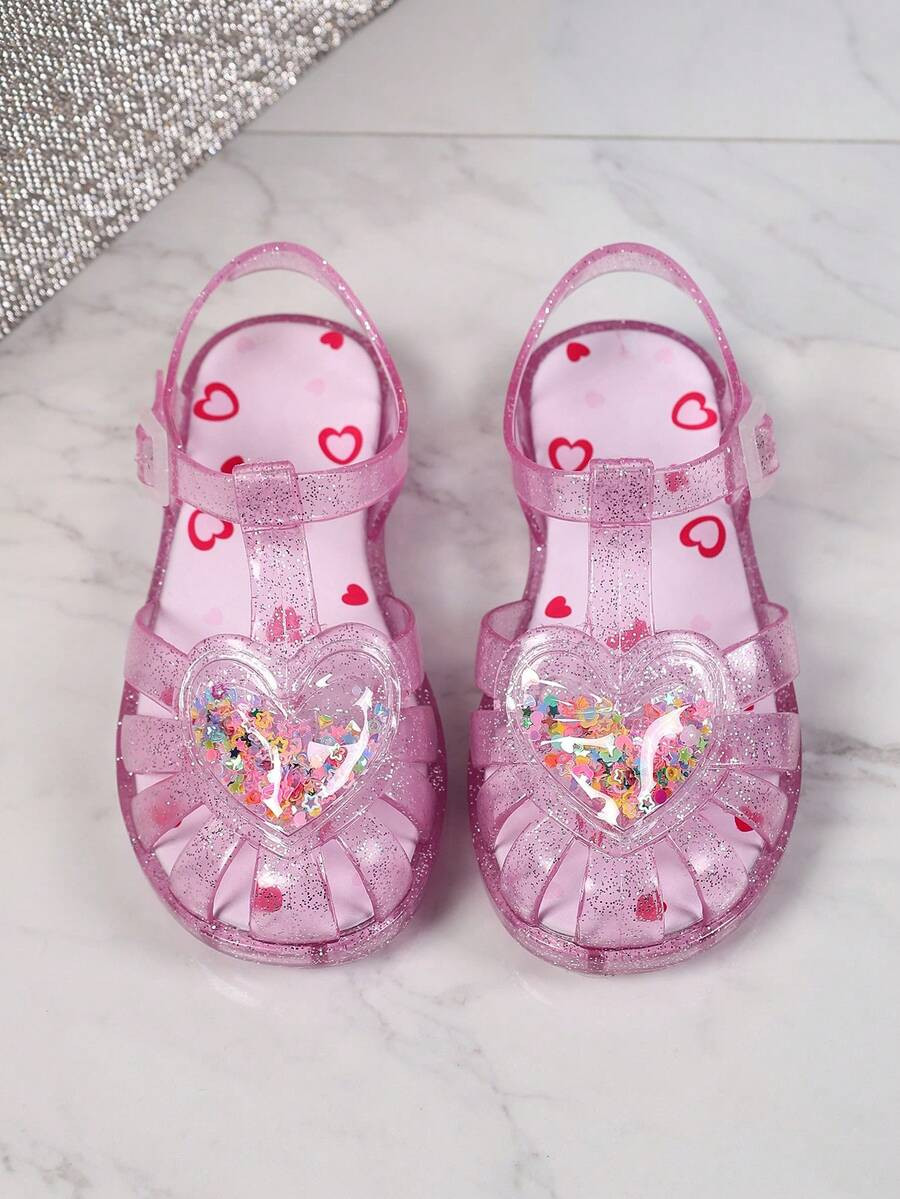 1 Pair Toddler Girls' Pink Glitter Jelly Sandals, Cute 3D Heart Sequin Filled Closed Toe Flat Sho... | SHEIN
