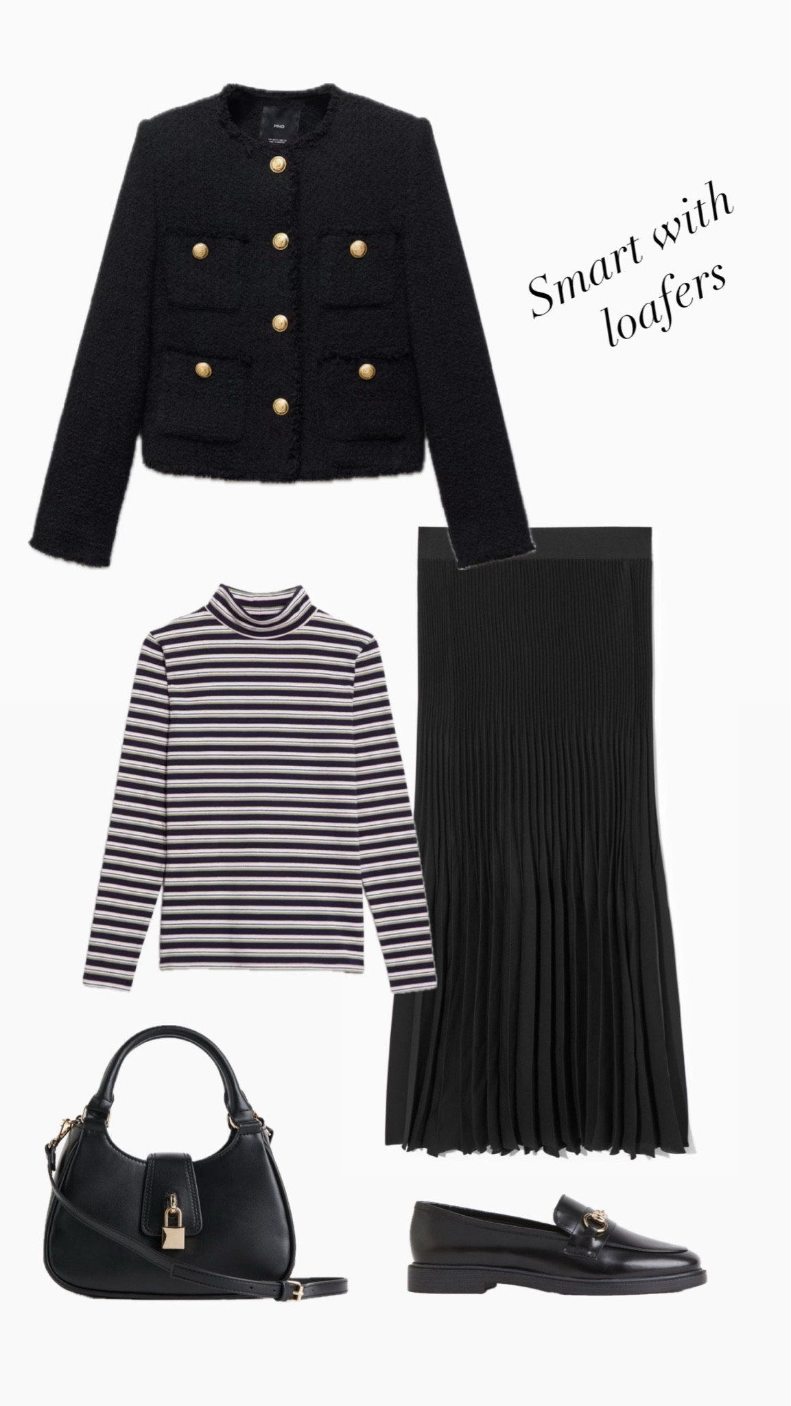 Boucle jacket 
Pleated skirt 
Loafers 

#LTKover40 #LTKmidsize #LTKstyletip