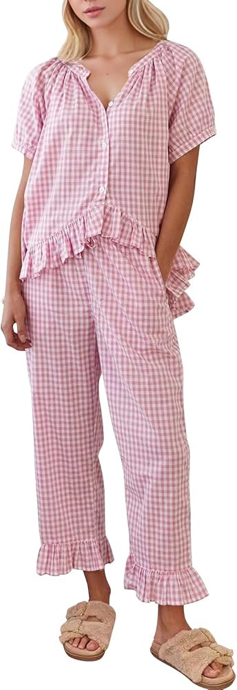 COZYPOIN Womens Gingham Pajama Set 2 Piece Plaid Cotton Pjs Cute Ruffle Sleepwear Maternity Bride... | Amazon (US)
