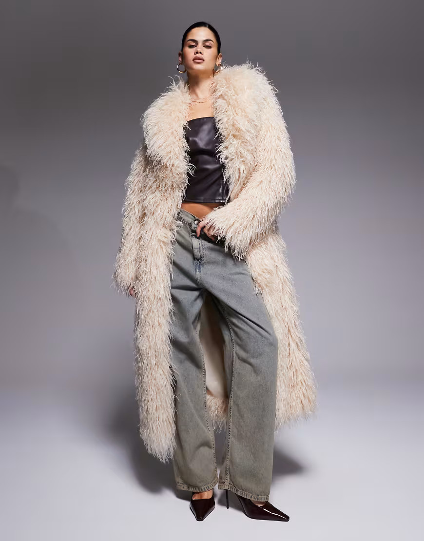 The Frolic exclusive oversized collar faux mongolian fur maxi coat in cream-Brown | ASOS (Global)