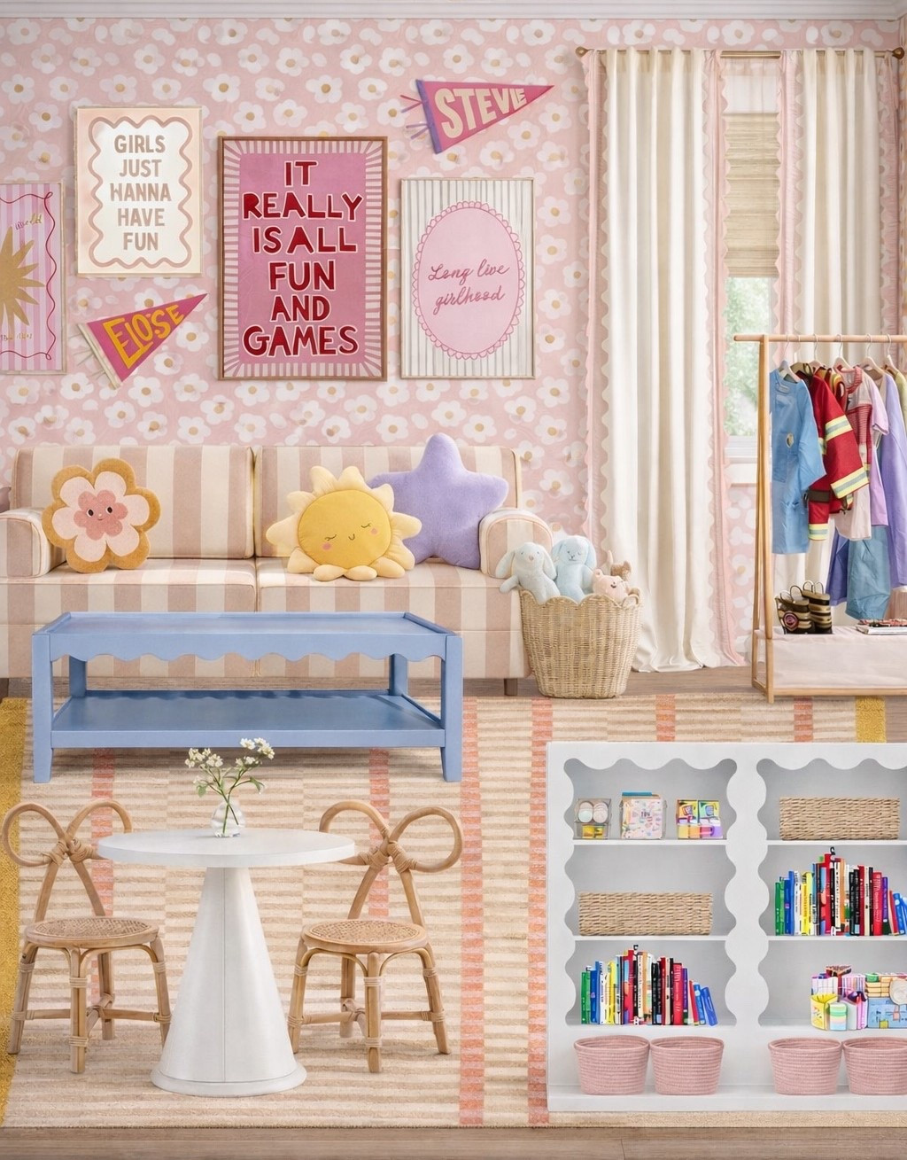 kids playroom decor, playroom design, playroom furniture, playroom rug, kids chairs, kids table, toy storage, playroom organization, kids wall art, kids storage bins, gender neutral playroom, modern playroom, aesthetic playroom, whimsical playroom, colorful playroom, girls playroom, girls room 

#LTKmomlife #LTKHome #LTKKids