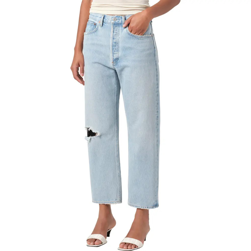 AGOLDE '90s Ripped Mid Rise Crop Relaxed Straight Leg Jeans in Segment at Nordstrom Rack, Size 28 | Nordstrom Rack