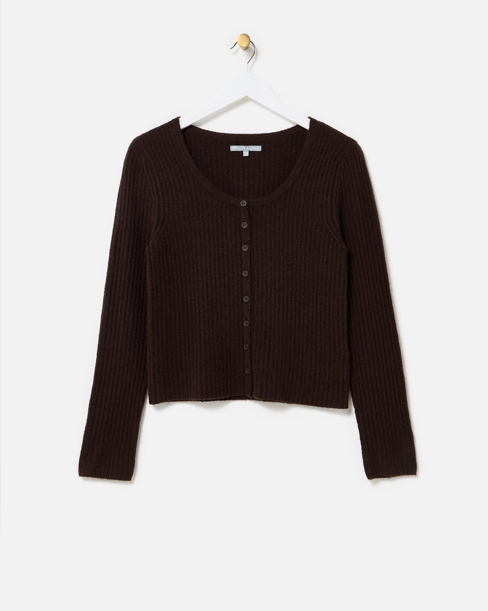 Chocolate Brown Button Up Ribbed Knitted Top, size 10 | Oliver Bonas (Global)