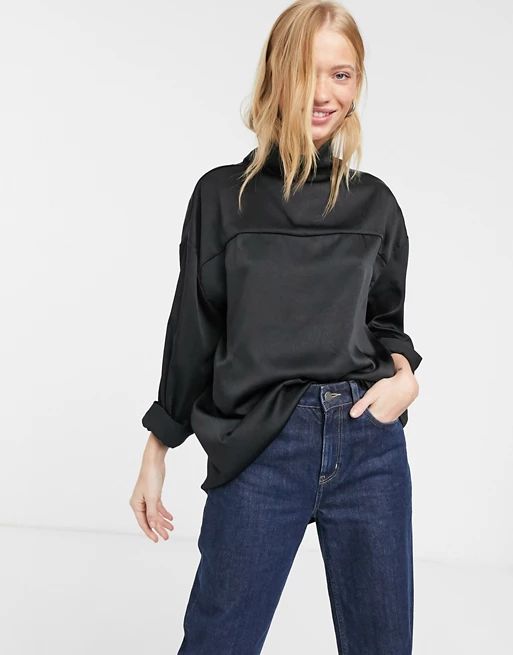 Weekday Moira satin high neck blouse in black | ASOS US