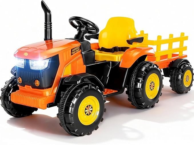 24V XL Ride-On Tractor with Tiltable & Detachable Trailer, 2×80W Motors, Adjustable Handles, EVA... | Amazon (US)