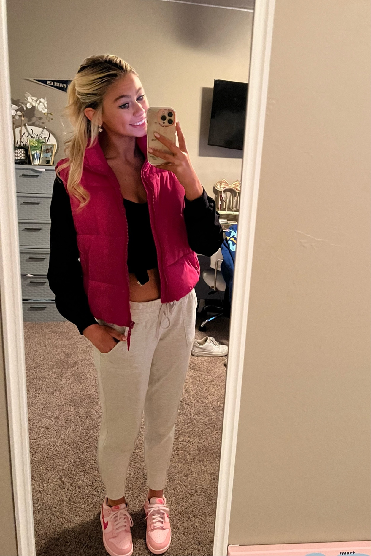S in align tank and jacket! 
M in bottoms and vest for a bagger look! 
They don’t have this specific color for the vest in stock anymore but I attached a really cute pink one from Amazon that I also own!!
Also not exact pair of sweatpants attached but I tagged a better one that I also own in a diff color!! 

#LTKbeauty #LTKfit #LTKstyletip