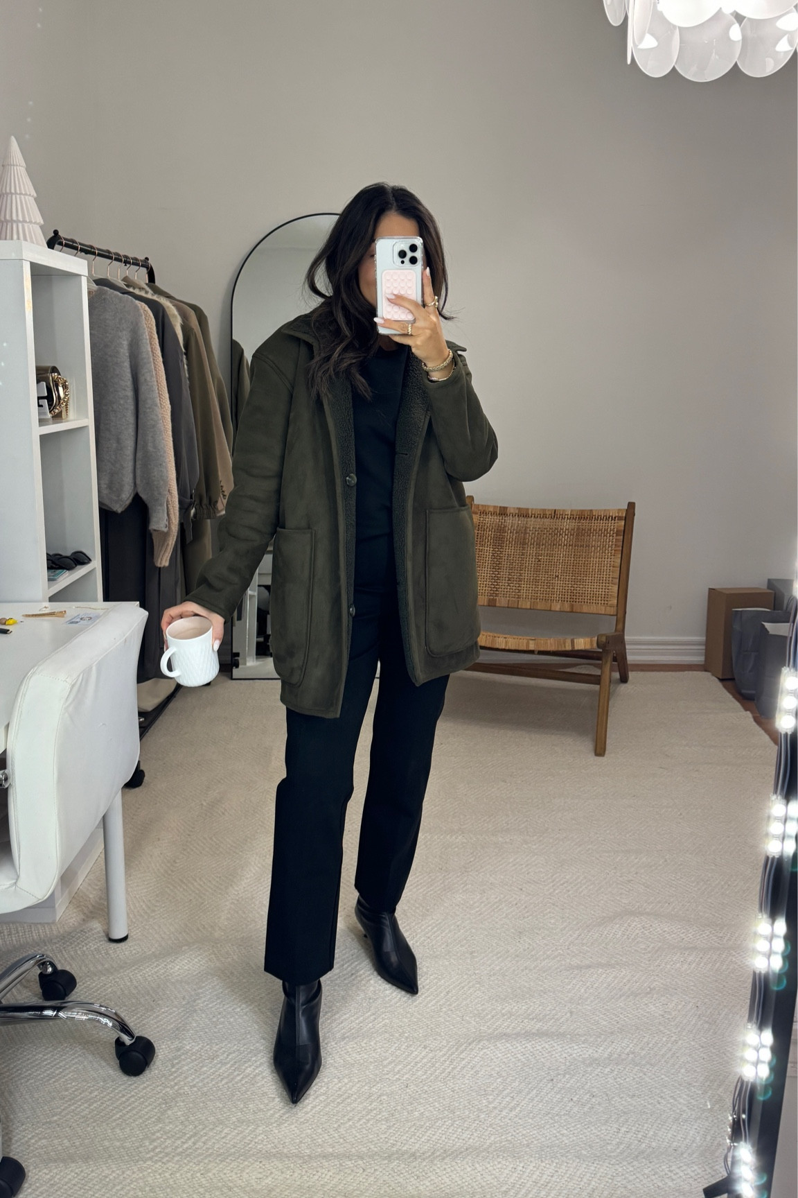 The Spanx sale has started!! 20% off everything!!! 
Jacket - small 
Bottoms - small petite 
Tshirt - small 