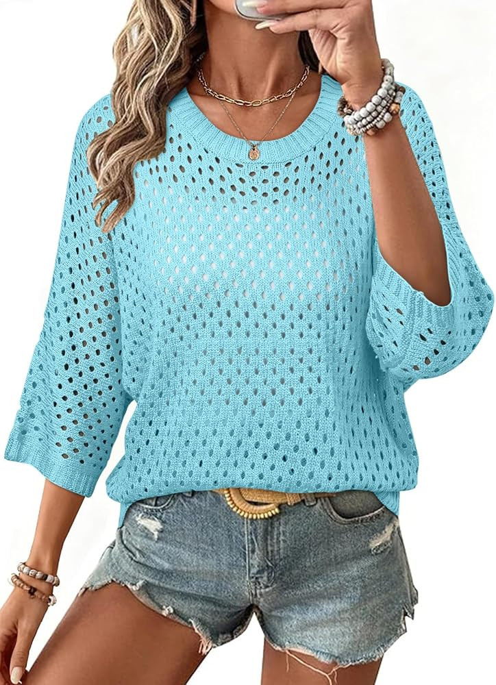 SHEWIN Womens Sweaters Crew Neck 3/4 Length Sleeve Crochet Tops Knit Beach Cover Ups Spring Outfi... | Amazon (US)