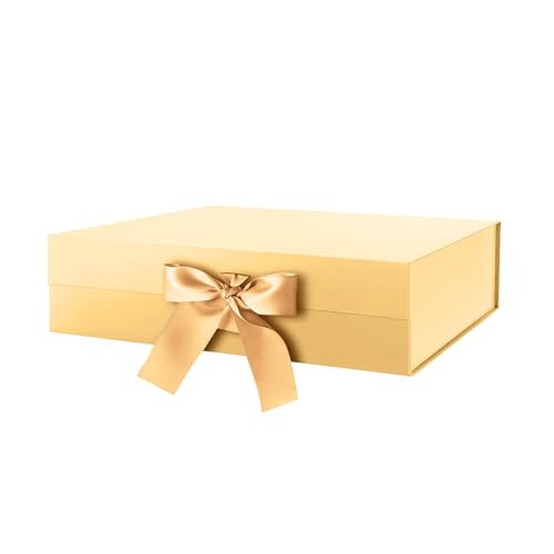 HAPPY POTATO Large Christmas Gold Gift Box with Lid and Ribbon 13.5x9x4.1 Inches, Bridesmaid Proposal Boxes, Magnetic Easter Gift Box for presents (Glossy Gold) | Amazon (US)